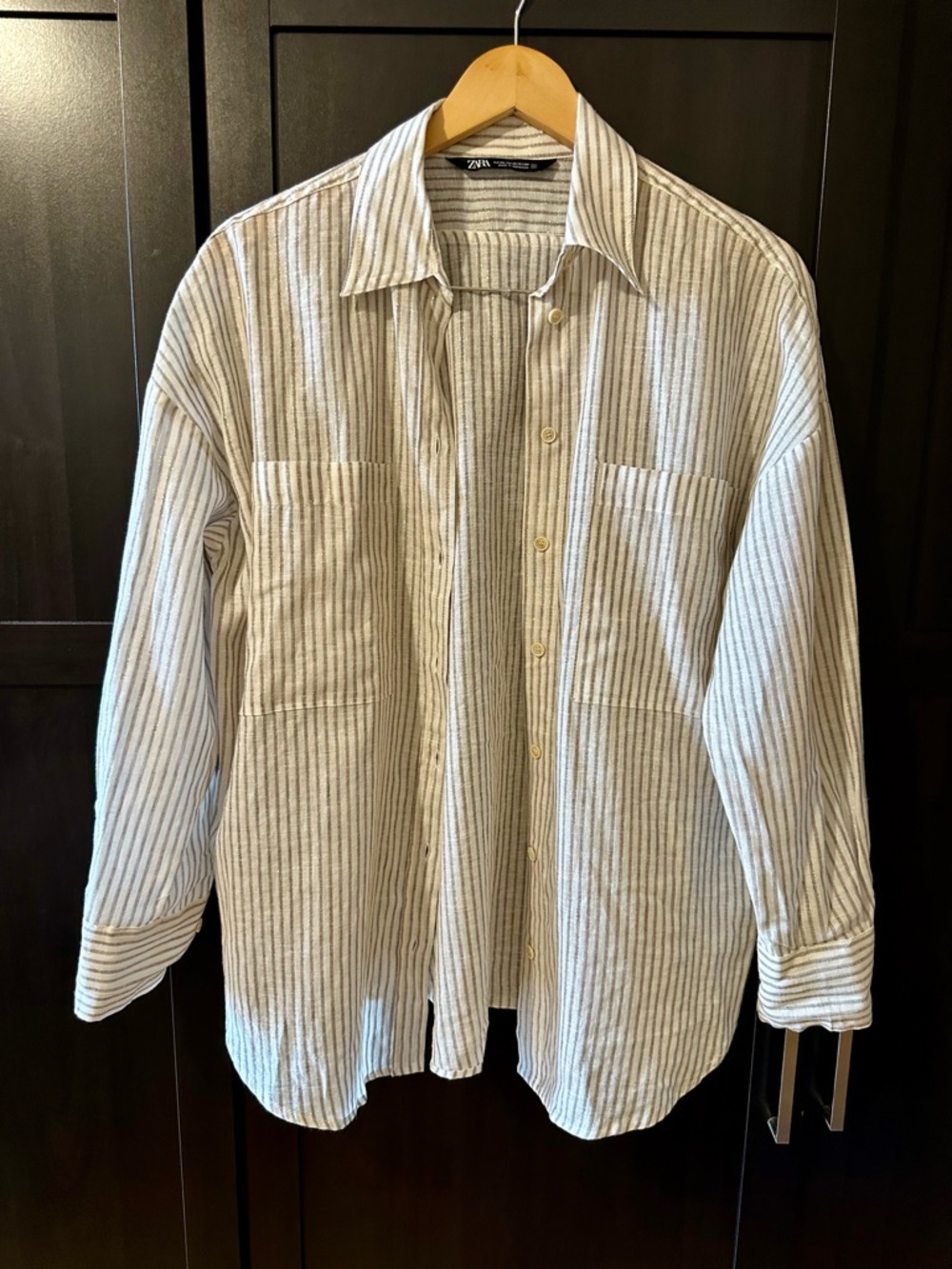 ZARA Striped Linen Blend Button-Up Shirt | XS Oversized